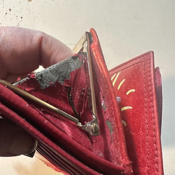 Fossil Genuine Leather Red Wallet Stars Graffiti Handmade Upcycle Vintage Purse - Picture 5 of 10